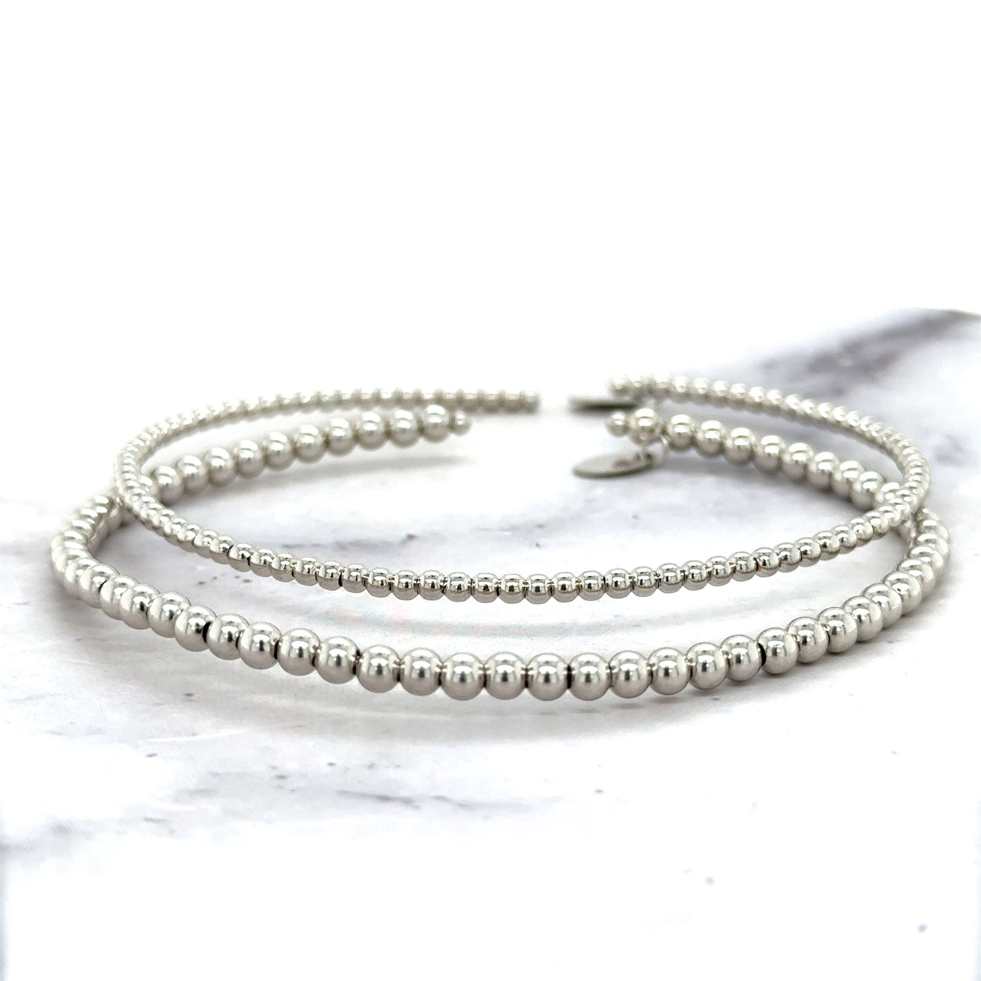 14K White Gold 2mm 3mm Bead Cuff Bangle, 6.5" 6.75" Bangle, Fancy Bracelet, Real Gold Bangle, Women