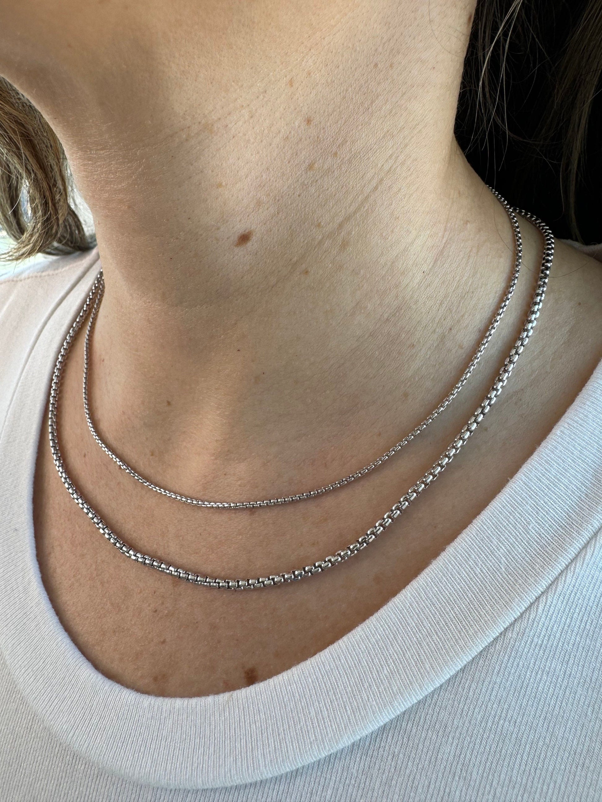 Solid 14K White Gold 1.6mm 2.5mm Round Box Necklace, 16" 18" 20" 24" Real Gold Chain, Rounded Chain, Women, Men