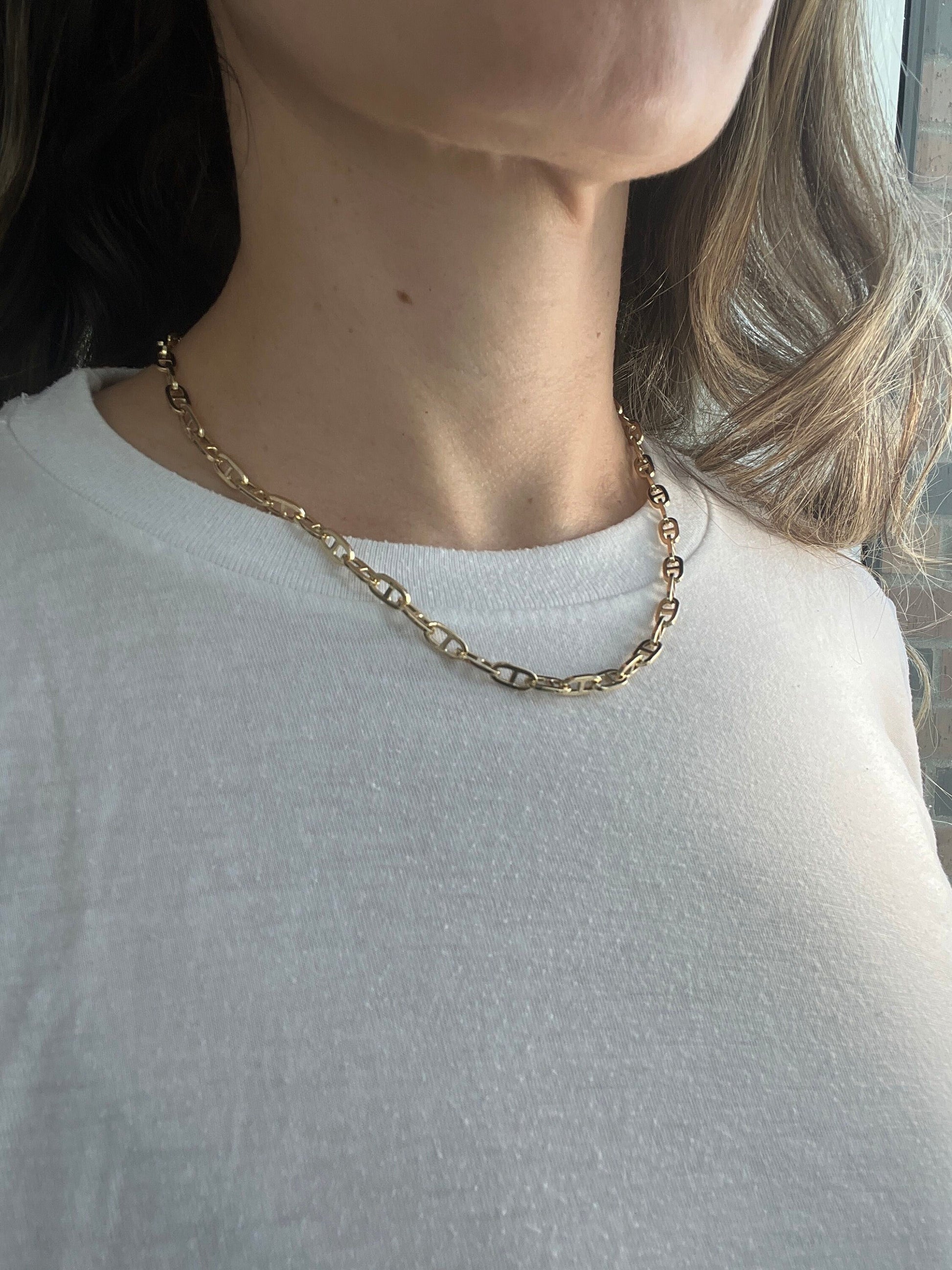 14K Yellow Gold Polished 5.1mm Mariner Necklace, 18" Real Gold Chain, Puffed Mariner Necklace, Women