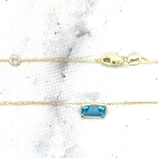 14K Yellow Gold Emerald Cut Blue Topaz Necklace, 18" Semi Precious Stone Necklace, Amethyst, Peridot, Garnet, Citrine, Birthstone Pendant