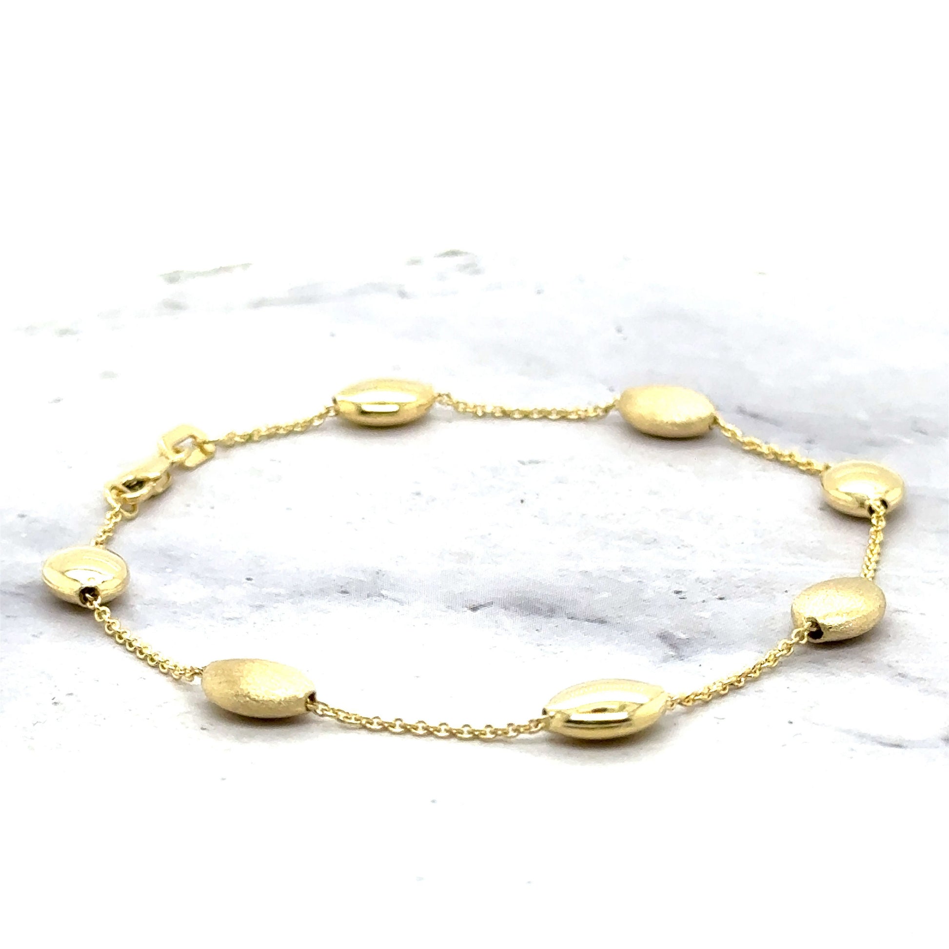 14K Yellow Gold Satin & Matte Pebble Strand Bracelet, 7.25" Real Gold Bracelet, Fashion Beaded Bracelet, Women