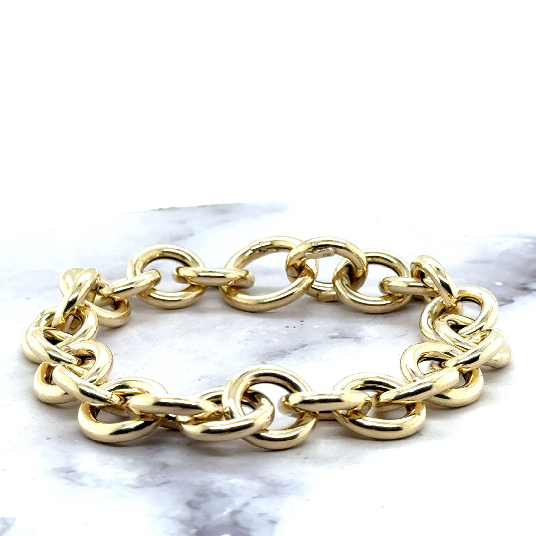 14K Yellow Gold 12mm Round Link Bracelet with Push Lock Clasp, 7.5" Real Gold Bracelet, Chuncky Circle Link Bracelet, Women