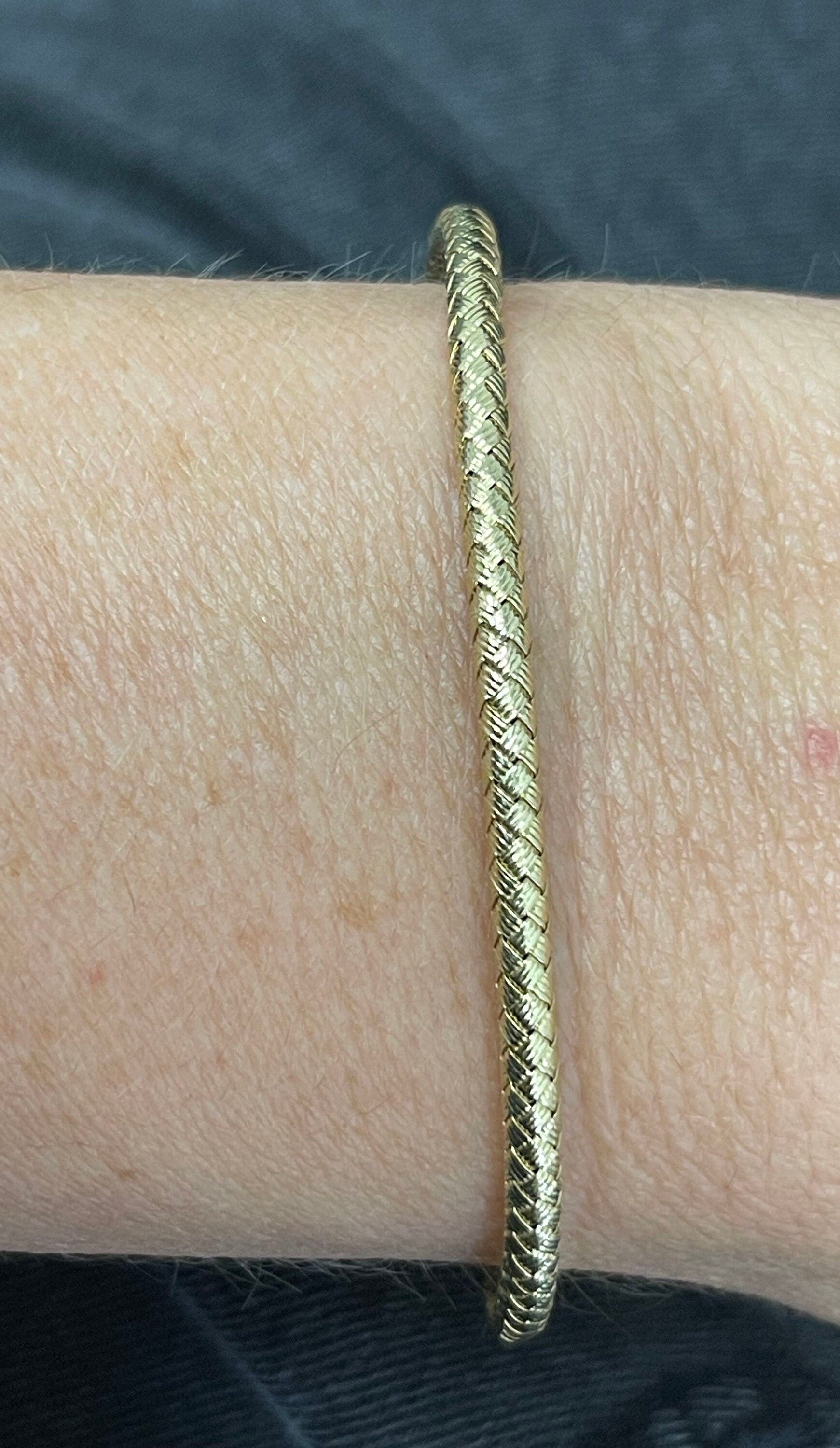 14K Yellow Gold 3.4mm Weaved Bangle With Lobster Clasp, 7.25" Bangle, Real Gold Bracelet, Women