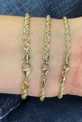 Solid 14K Yellow Gold 3mm 3.7mm 4.3mm French Rope Chain Bracelet, 7" 8", Silk Rope Bracelet, Real Gold Bracelet, Women