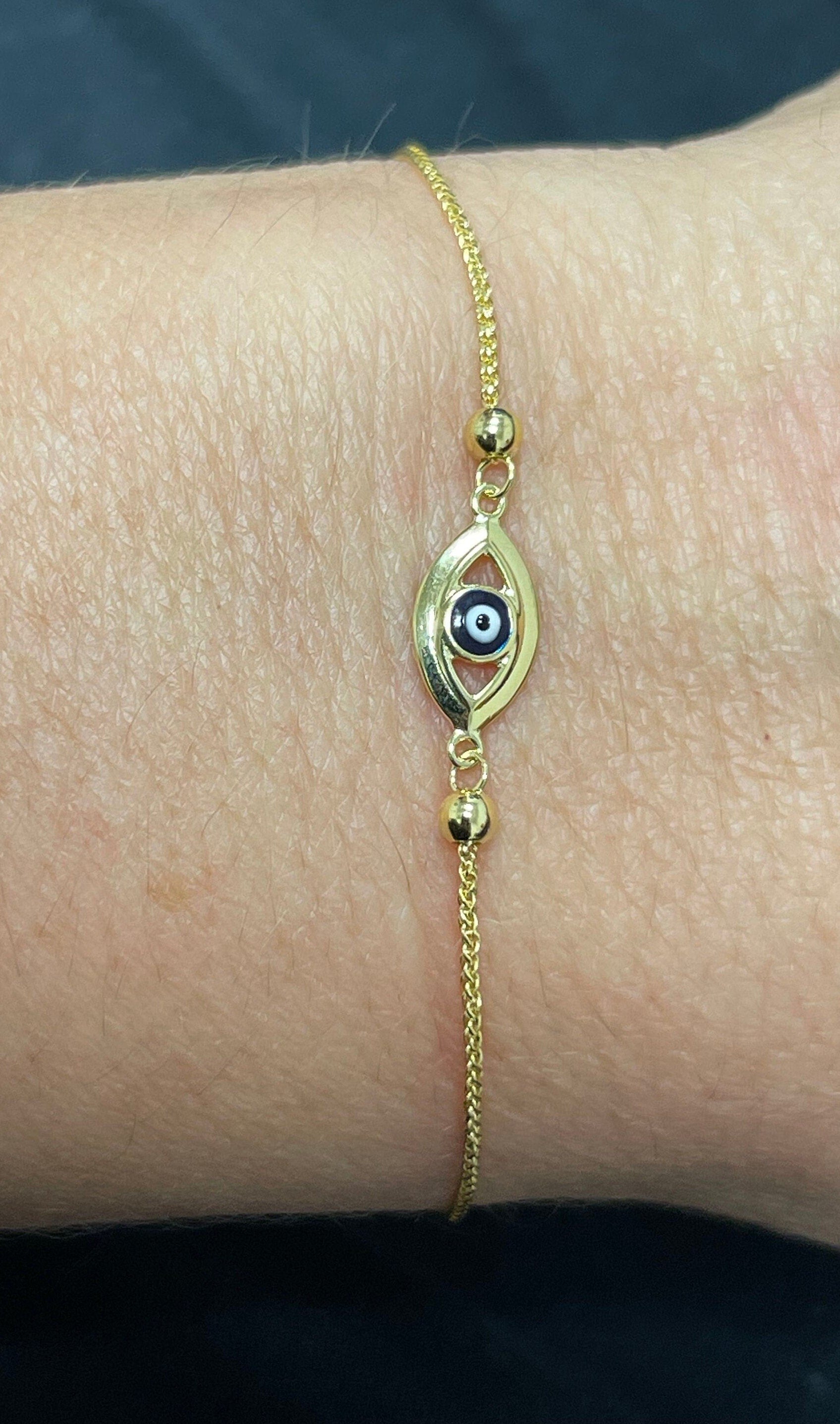 14K Yellow Gold 9.25" Evil Eye Friendship Wheat Chain Bracelet, Bolo Bracelet, Real Gold Bracelet, Women