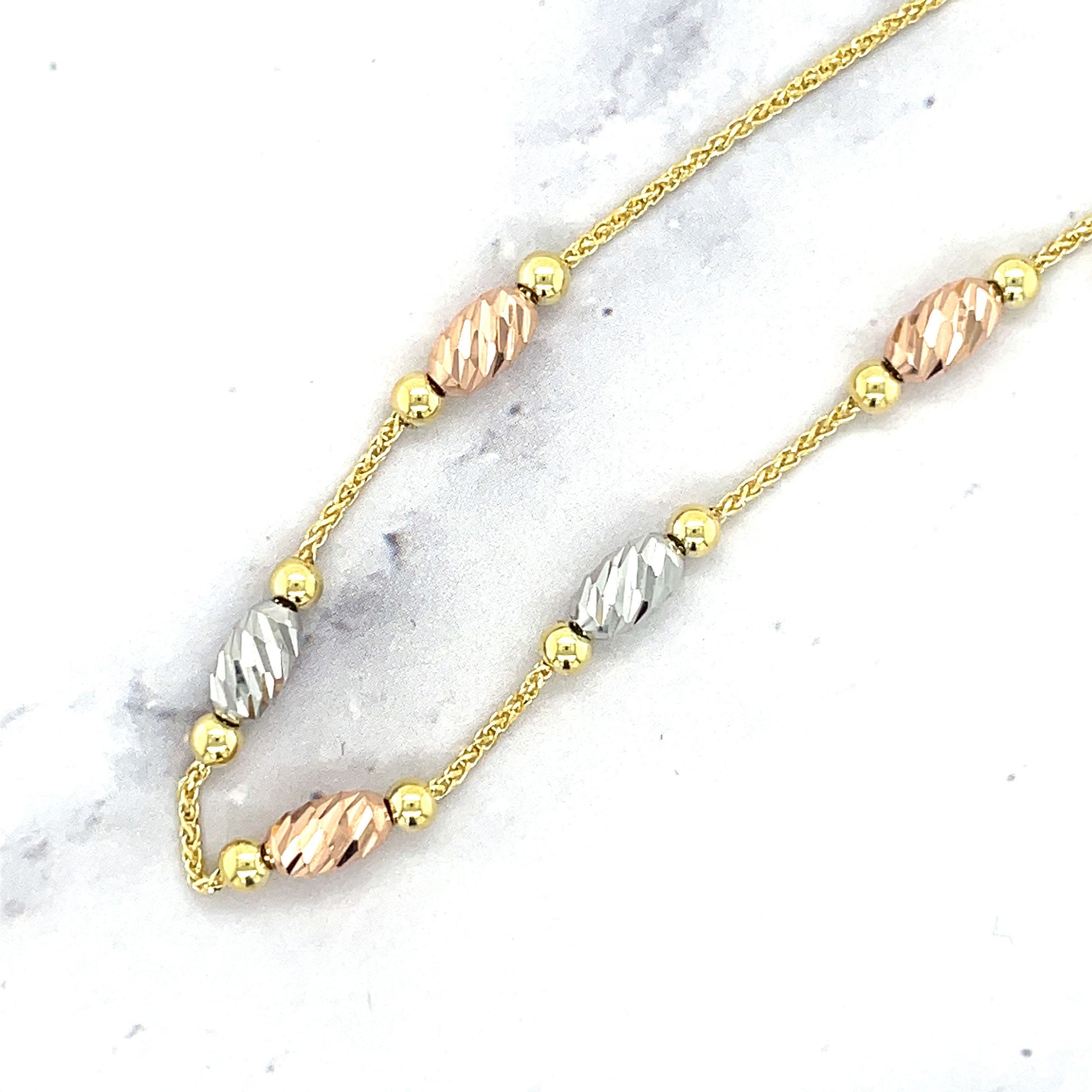 14K Tri-color Gold 9.25 inch Adjustable Polished Bead Friendship Bracelet, Yellow White Rose Gold, Real Gold Bracelet, Women