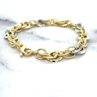 14K Two-Tone Gold 7.5 inch Diamond Cut interlocking Oval Link Bracelet, Width 6-10mm, Real Gold Bracelet, Yellow White Gold, Women