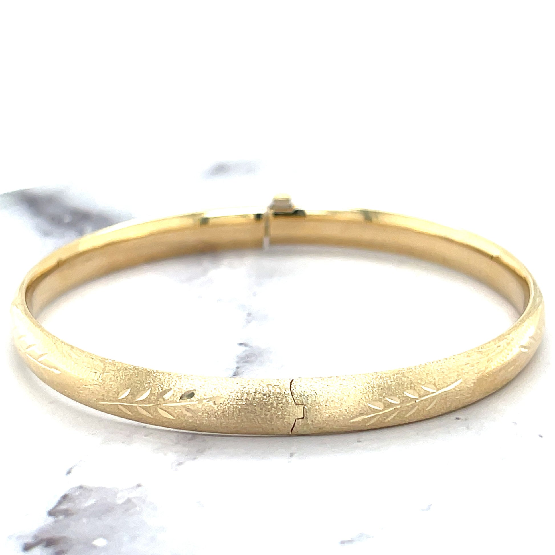 14K Yellow Gold 7 inch Polished Floral Design Bangle Bracelet 6mm Wide, Real Gold Bangle, Stackable Bangle, Women