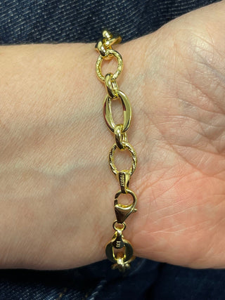 14K Yellow Gold 8.3mm Oval & Diamond Cut Link Chain Bracelet, 7.5" Real Gold Bracelet, Gift For Her, Women