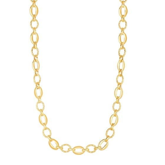 14K Yellow Gold 8.2mm Textured & Shiny Oval Link Necklace, 18" Real Gold Necklace, Chunky Women Chain, Fashion Gold Necklace