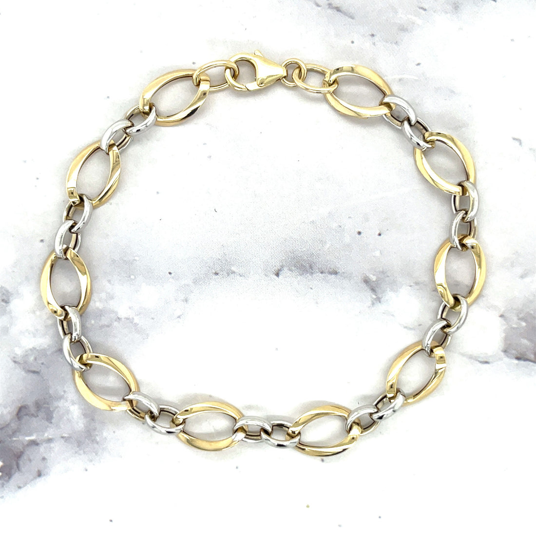 14K Two Tone Gold Bracelet, 7.75" Polished Twisted Oval Link Bracelet, 7.4mm wide, Fashion Bracelet, White Gold, Yellow Gold, Women