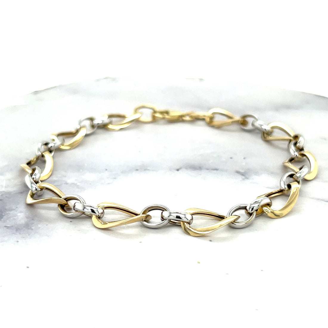 14K Two Tone Gold Bracelet, 7.75" Polished Twisted Oval Link Bracelet, 7.4mm wide, Fashion Bracelet, White Gold, Yellow Gold, Women