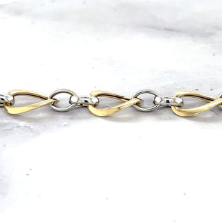 14K Two Tone Gold Bracelet, 7.75" Polished Twisted Oval Link Bracelet, 7.4mm wide, Fashion Bracelet, White Gold, Yellow Gold, Women