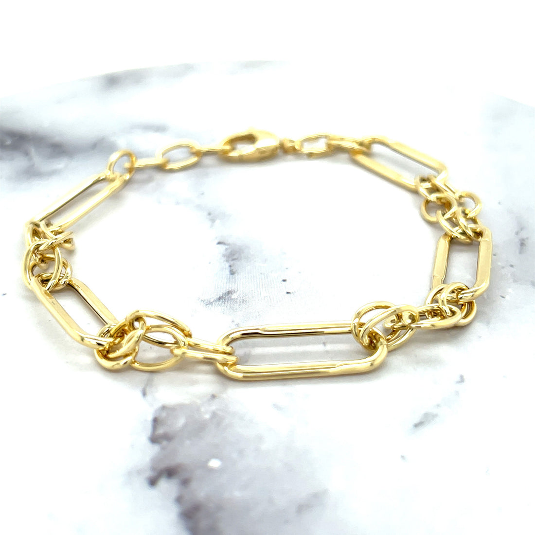 14K Yellow Gold Polished 8mm Rectangle Links Connected By Oval Cable Links Bracelet, 8" Real Gold Bracelet, Women