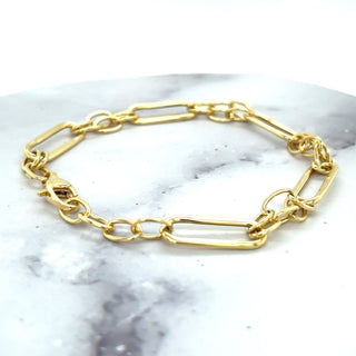 14K Yellow Gold Polished 8mm Rectangle Links Connected By Oval Cable Links Bracelet, 8" Real Gold Bracelet, Women