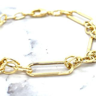 14K Yellow Gold Polished 8mm Rectangle Links Connected By Oval Cable Links Bracelet, 8" Real Gold Bracelet, Women