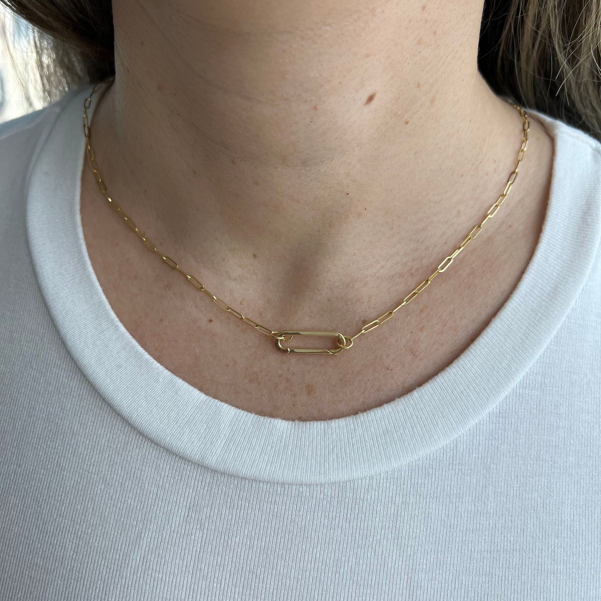 14K Yellow Push-lock Paperclip Necklace, 18", Fancy Paperclip Chain, Push Lock Chain, Real Gold Necklace, Women