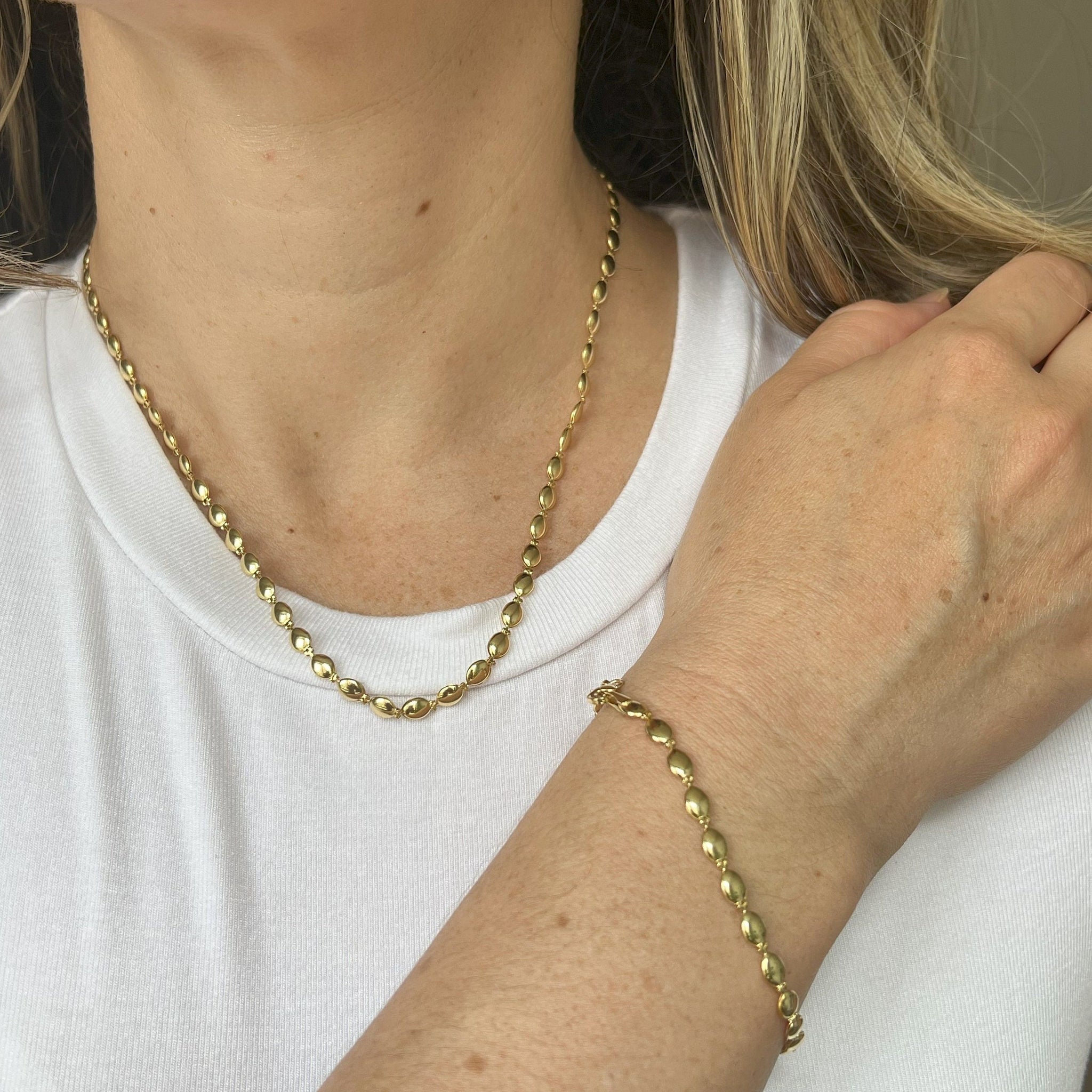 14K Gold 18" Pebble Bead Fancy Chain with Lobster claw Clasp, 4mm Wide, Real Gold Necklace, Women