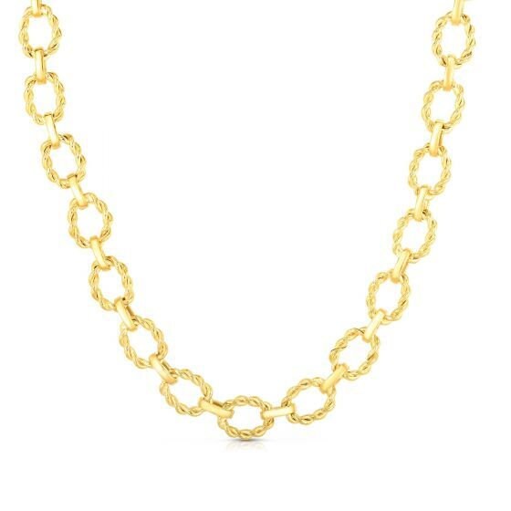 14K Yellow Gold 18" Textured Twisted Oval Link Chain, 9.8mm Wide, Real Gold Necklace, Women Link Chain