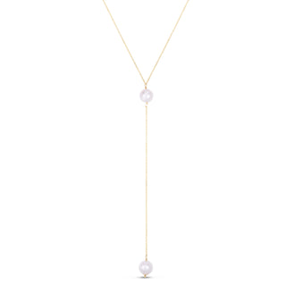 14K Yellow Gold 17" Diamond Cut Chain Real Pearl Drop Lariat Chain, Y-Necklace, Real Gold Chain, Women