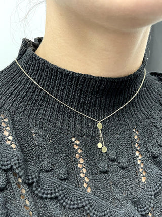 14K Yellow Gold 18" Tassel Necklace, Polished Round Drop Discs, Adjustable Chain, Women