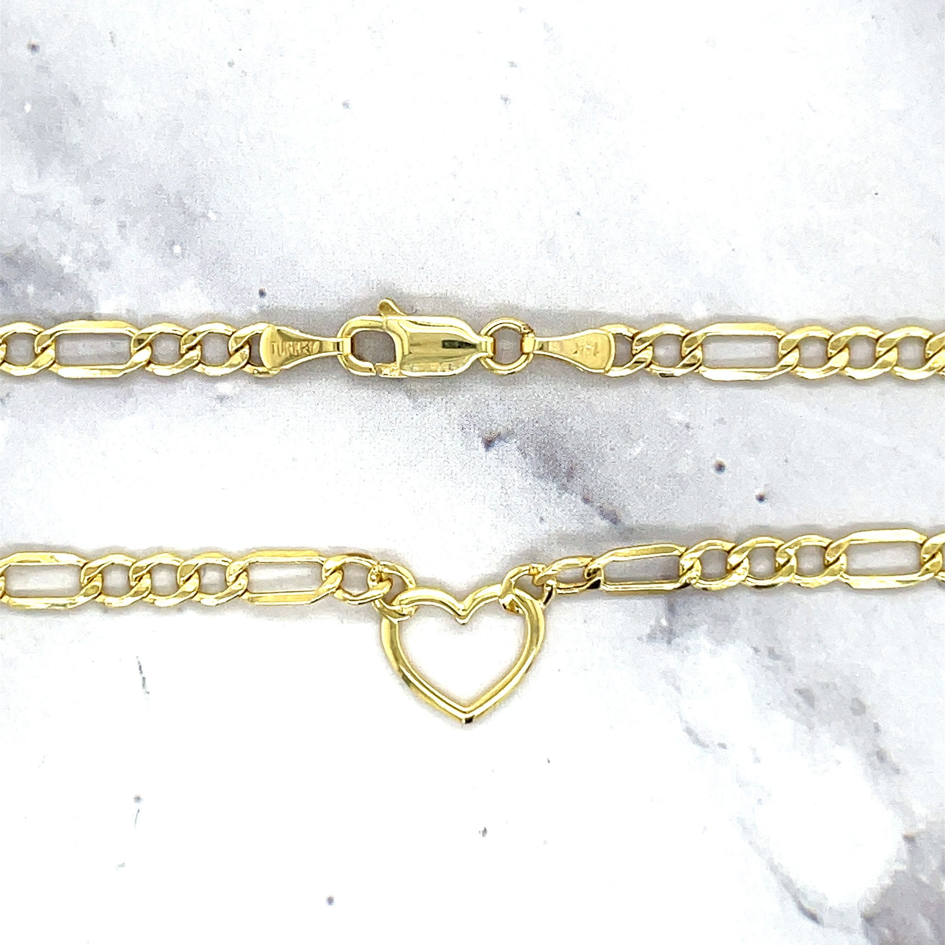 14K Yellow Gold 18" Figaro Heart Charm Necklace 3.6mm Wide, Women Necklace, Hearts, Real Gold Chain, Gift For Her