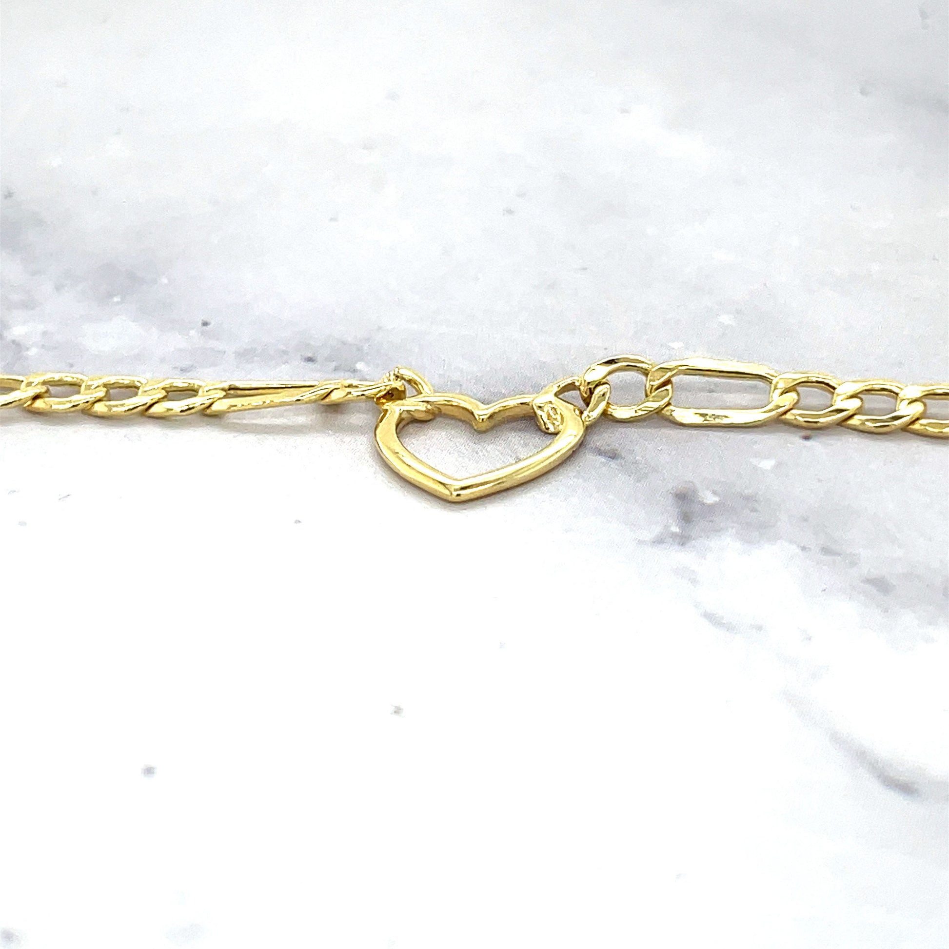 14K Yellow Gold 18" Figaro Heart Charm Necklace 3.6mm Wide, Women Necklace, Hearts, Real Gold Chain, Gift For Her