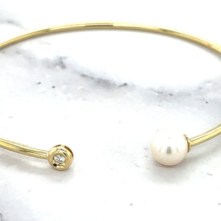 14K Yellow Gold 7mm Freshwater Pearl and Diamond, Open Cuff Bangle Bracelet, Real Gold, Earth Mined Diamond, Women