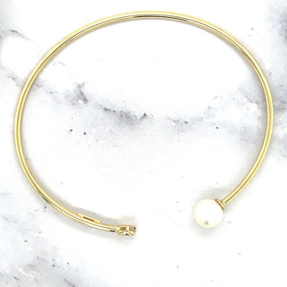 14K Yellow Gold 7mm Freshwater Pearl and Diamond, Open Cuff Bangle Bracelet, Real Gold, Earth Mined Diamond, Women