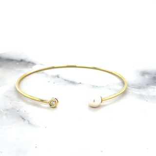 14K Yellow Gold 7mm Freshwater Pearl and Diamond, Open Cuff Bangle Bracelet, Real Gold, Earth Mined Diamond, Women