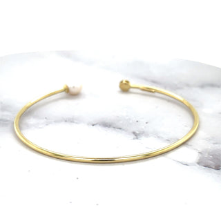 14K Yellow Gold 7mm Freshwater Pearl and Diamond, Open Cuff Bangle Bracelet, Real Gold, Earth Mined Diamond, Women