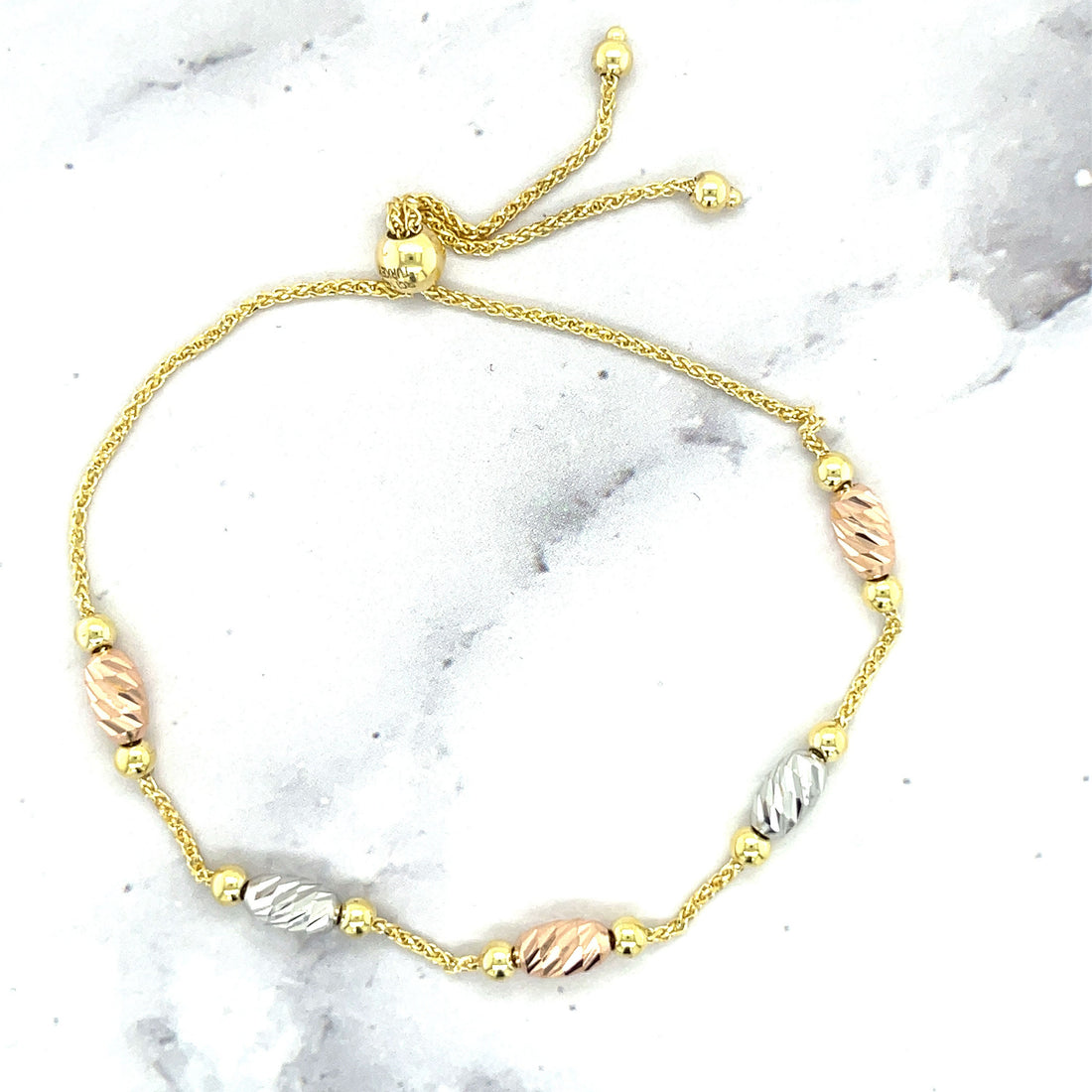 14K Tri-color Gold 9.25 inch Adjustable Polished Bead Friendship Bracelet, Yellow White Rose Gold, Real Gold Bracelet, Women