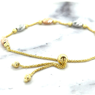 14K Tri-color Gold 9.25 inch Adjustable Polished Bead Friendship Bracelet, Yellow White Rose Gold, Real Gold Bracelet, Women