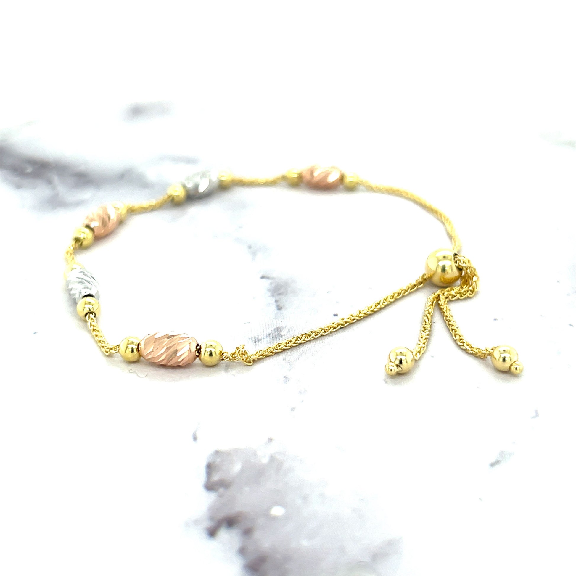 14K Tri-color Gold 9.25 inch Adjustable Polished Bead Friendship Bracelet, Yellow White Rose Gold, Real Gold Bracelet, Women