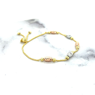 14K Tri-color Gold 9.25 inch Adjustable Polished Bead Friendship Bracelet, Yellow White Rose Gold, Real Gold Bracelet, Women