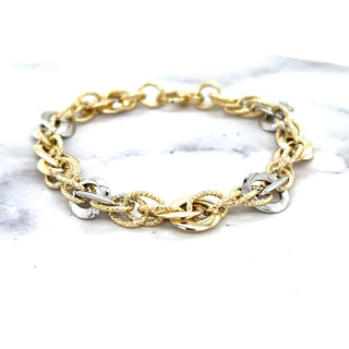 14K Two-Tone Gold 7.5 inch Diamond Cut interlocking Oval Link Bracelet, Width 6-10mm, Real Gold Bracelet, Yellow White Gold, Women