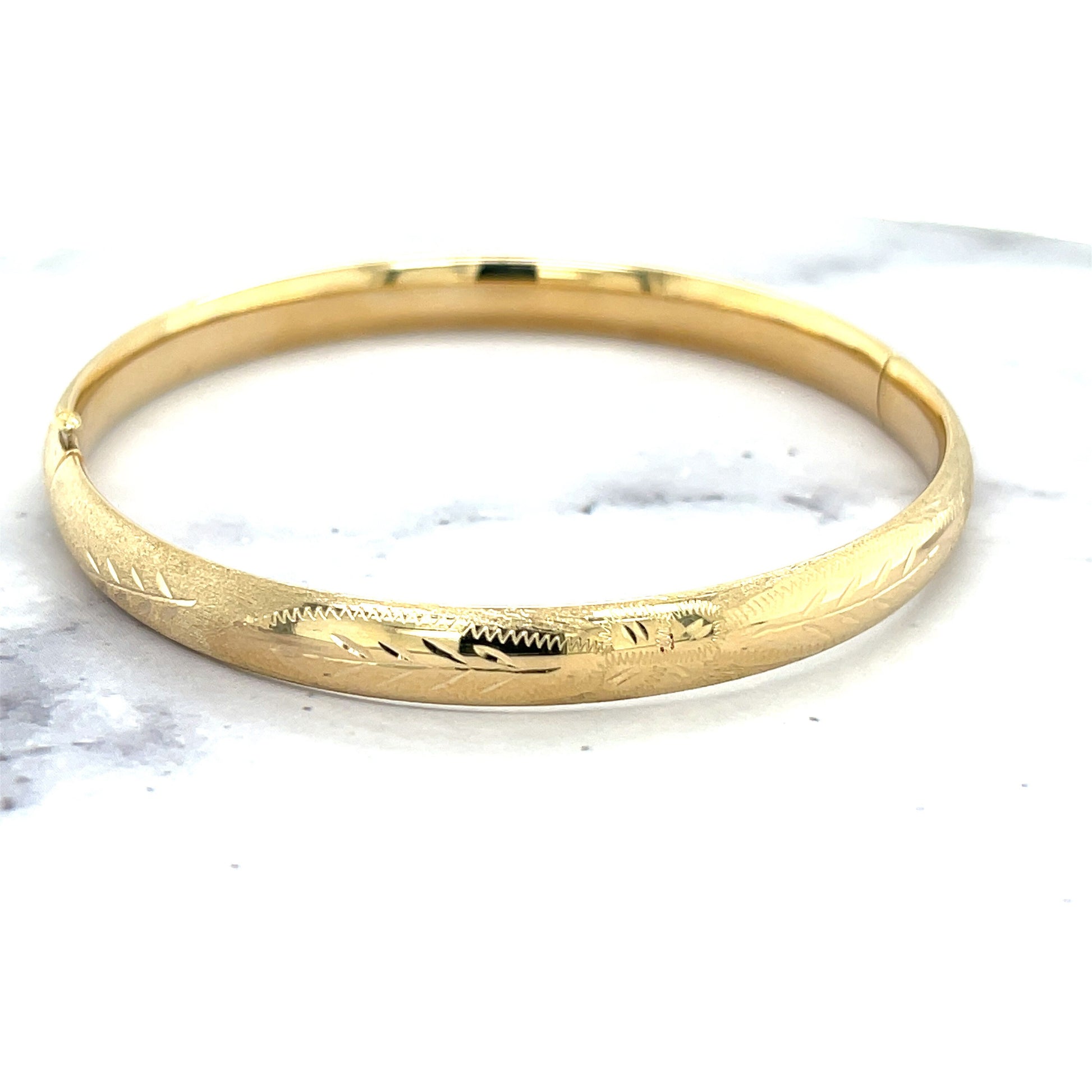 14K Yellow Gold 7 inch Polished Floral Design Bangle Bracelet 6mm Wide, Real Gold Bangle, Stackable Bangle, Women