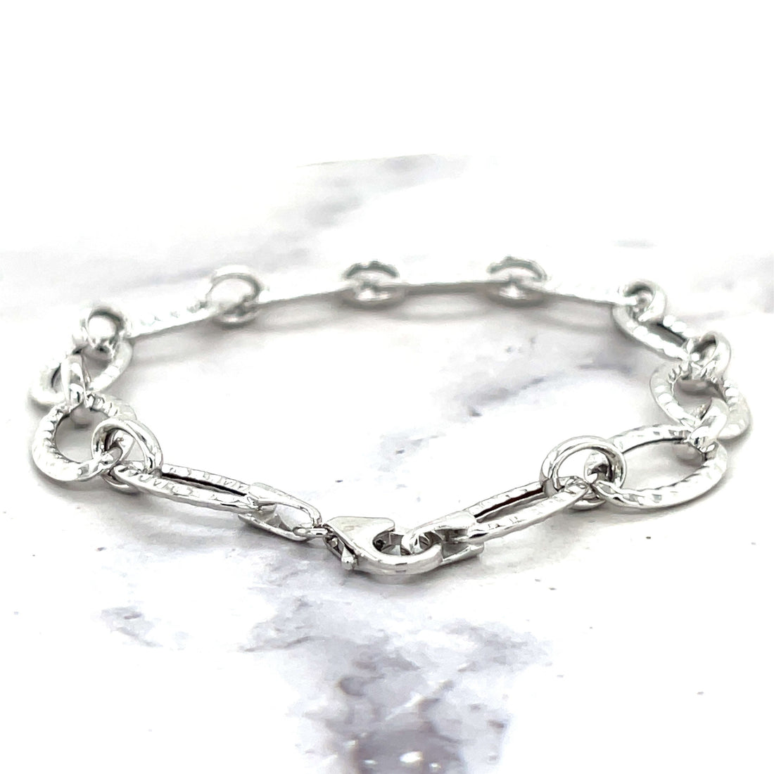 14K White Gold 8.6mm Diamond Cut/ Textured Oval Link Chain Bracelet, 7.25" Real Gold Bracelet, Women Bracelet