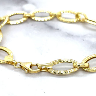 14K Yellow Gold 8.6mm Diamond Cut/ Textured Oval Link Chain Bracelet, 7.25" Real Gold Bracelet, Women Bracelet