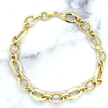 14K Yellow Gold 8.3mm Oval & Diamond Cut Link Chain Bracelet, 7.5" Real Gold Bracelet, Gift For Her, Women