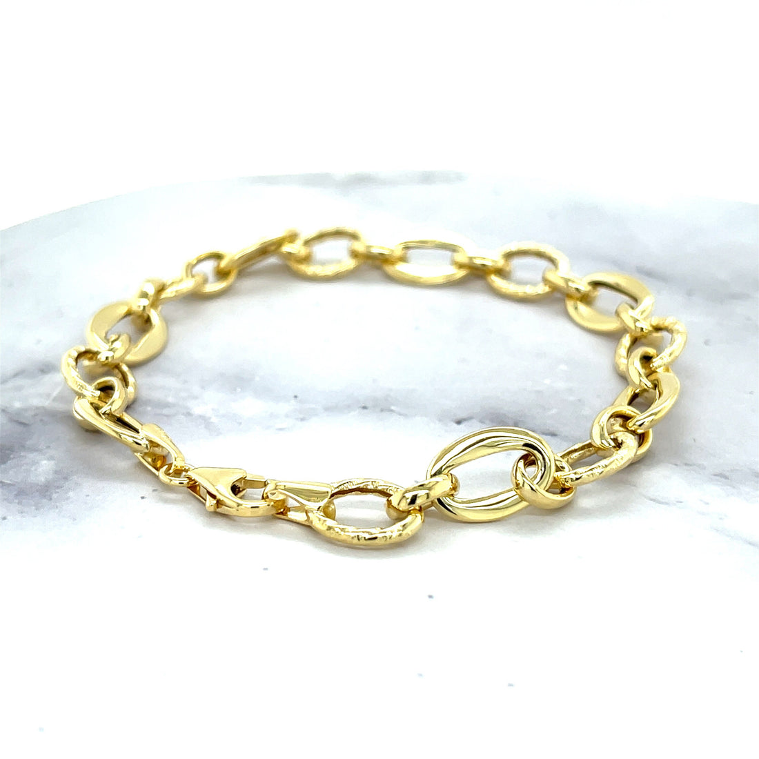 14K Yellow Gold 8.3mm Oval & Diamond Cut Link Chain Bracelet, 7.5" Real Gold Bracelet, Gift For Her, Women