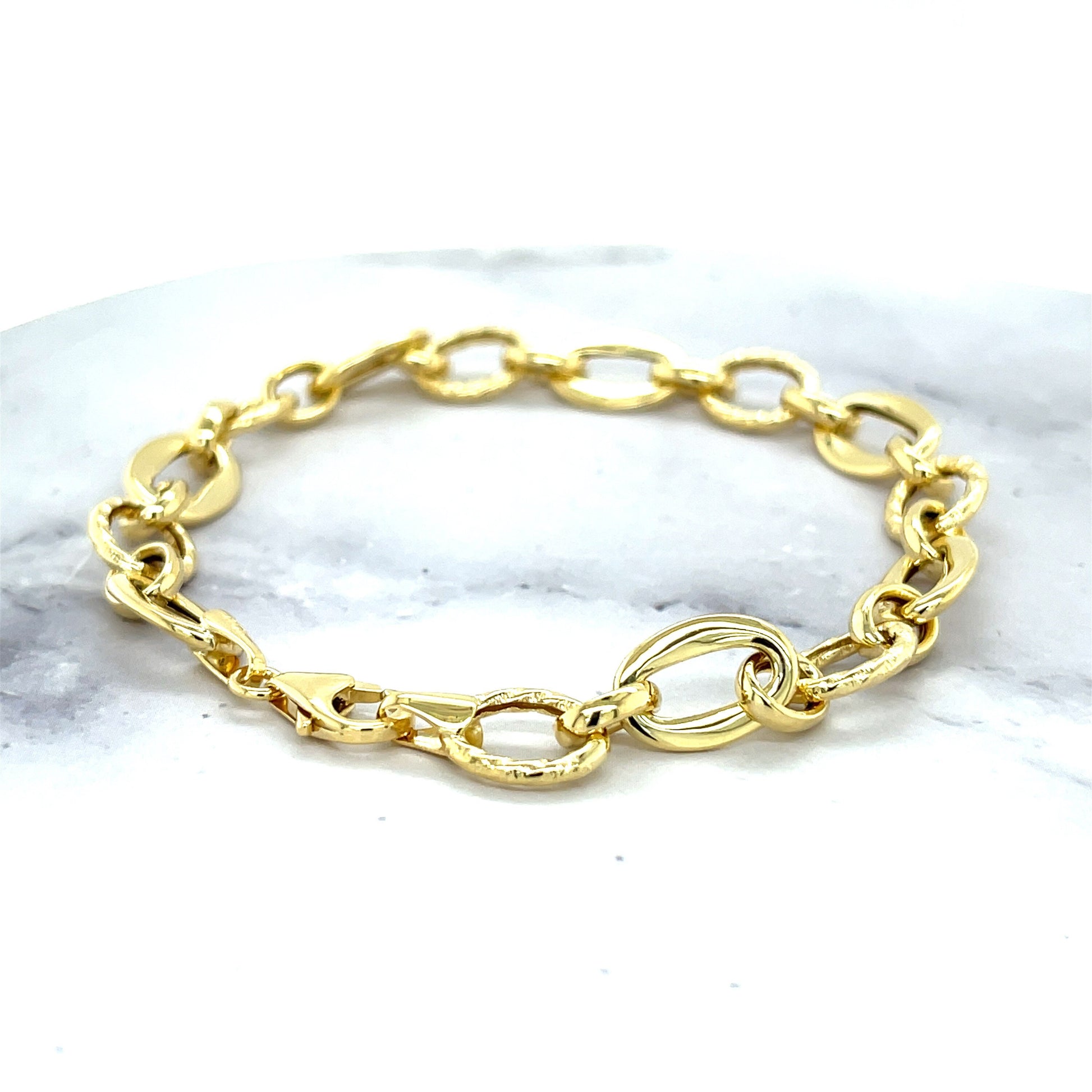 14K Yellow Gold 8.3mm Oval & Diamond Cut Link Chain Bracelet, 7.5" Real Gold Bracelet, Gift For Her, Women