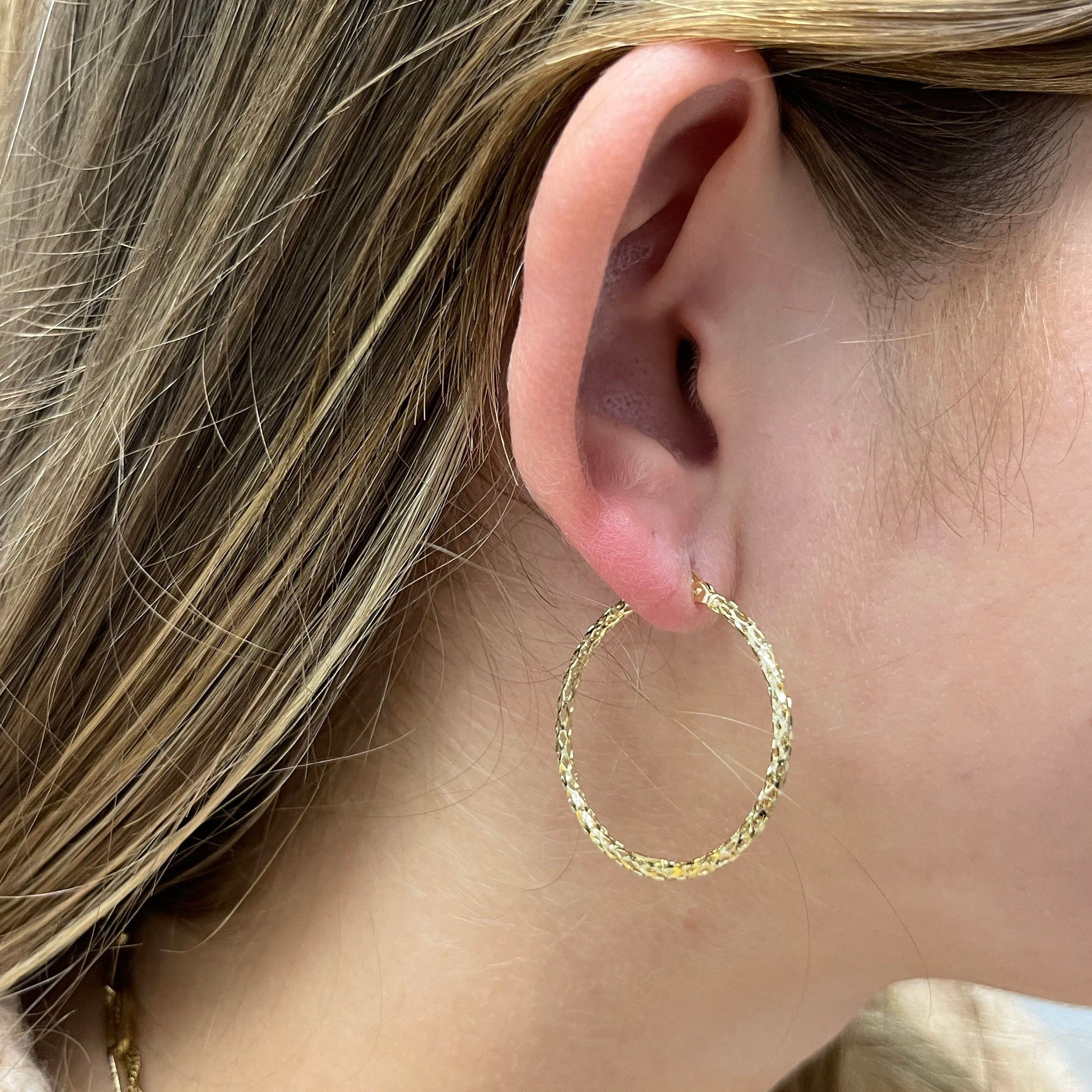 14K Yellow Gold 30mm Diamond Cut Textured Hoop Earring Set, 1.5mm Thick ,Real Gold Earrings, White Gold, Rose Gold, Women Hoop Earrings