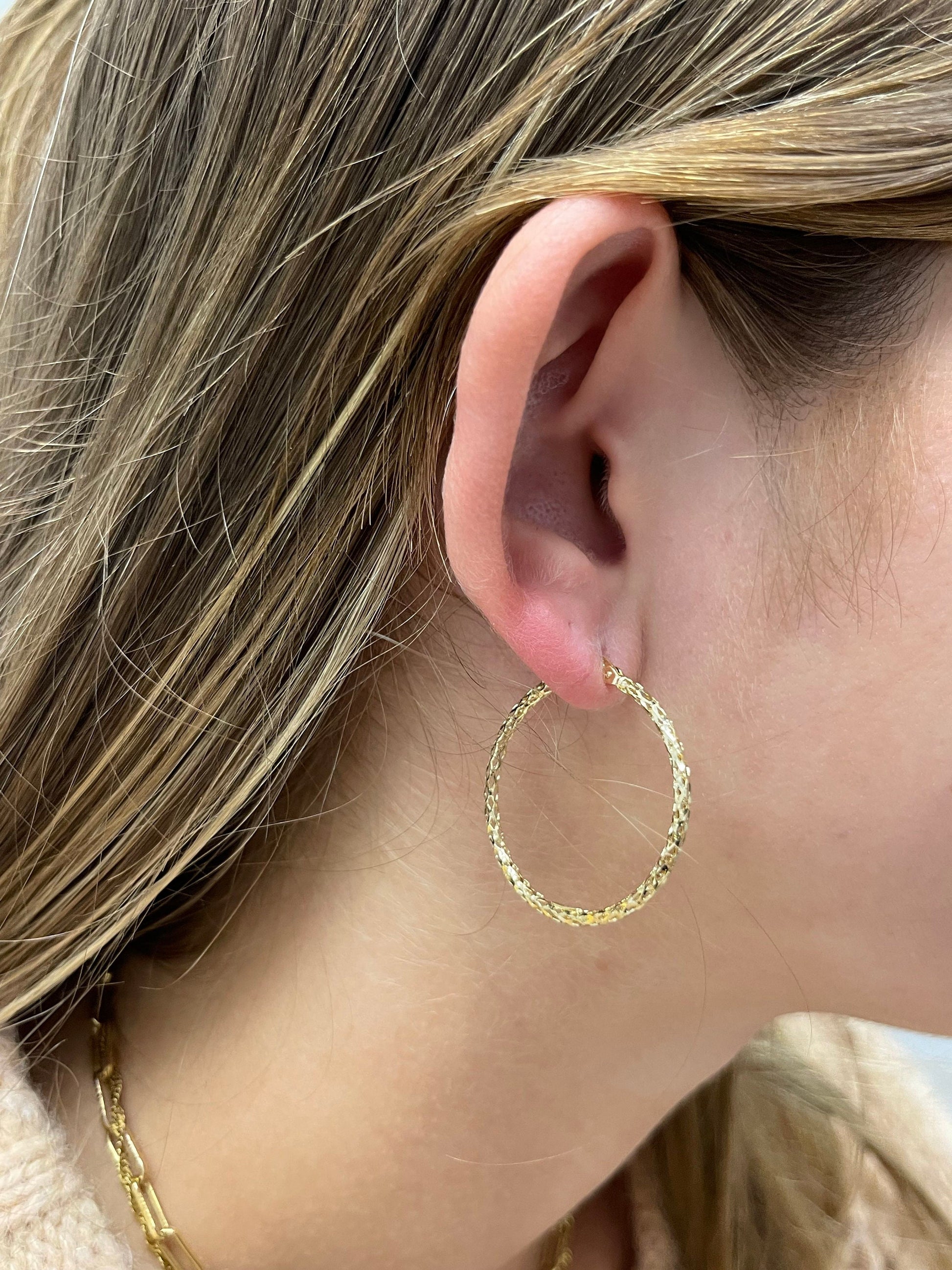 14K Yellow Gold 30mm Diamond Cut Textured Hoop Earring Set, 1.5mm Thick ,Real Gold Earrings, White Gold, Rose Gold, Women Hoop Earrings