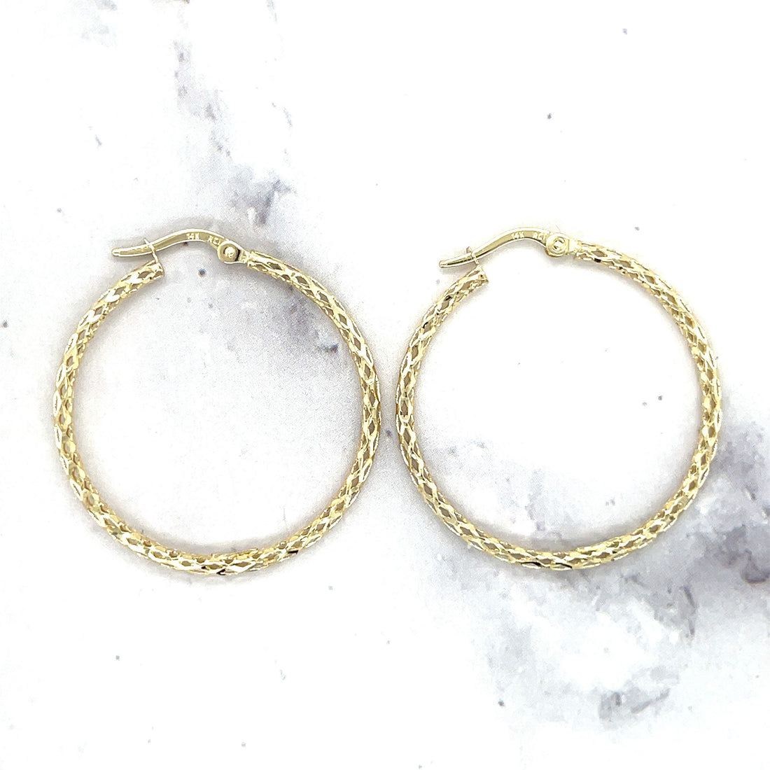 14K Yellow Gold 30mm Diamond Cut Textured Hoop Earring Set, 1.5mm Thick ,Real Gold Earrings, White Gold, Rose Gold, Women Hoop Earrings