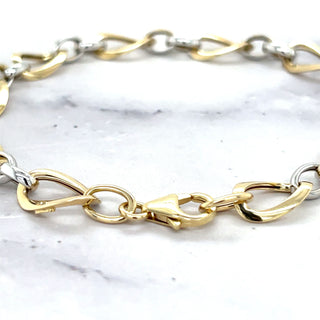 14K Two Tone Gold Bracelet, 7.75" Polished Twisted Oval Link Bracelet, 7.4mm wide, Fashion Bracelet, White Gold, Yellow Gold, Women