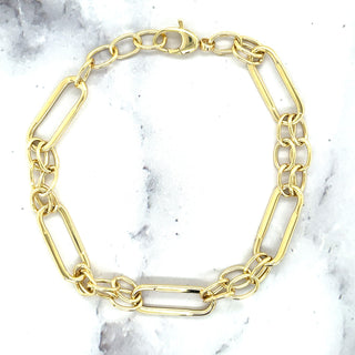 14K Yellow Gold Polished 8mm Rectangle Links Connected By Oval Cable Links Bracelet, 8" Real Gold Bracelet, Women