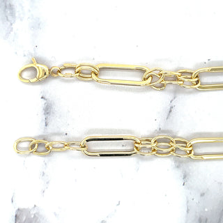 14K Yellow Gold Polished 8mm Rectangle Links Connected By Oval Cable Links Bracelet, 8" Real Gold Bracelet, Women