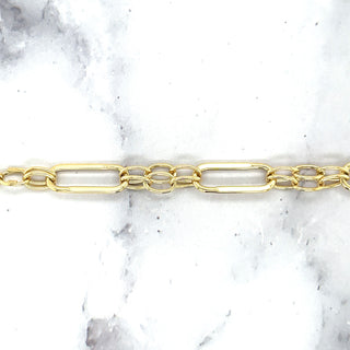 14K Yellow Gold Polished 8mm Rectangle Links Connected By Oval Cable Links Bracelet, 8" Real Gold Bracelet, Women