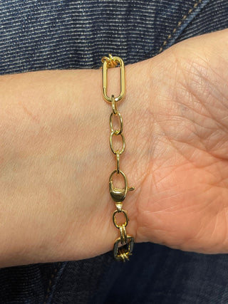 14K Yellow Gold Polished 8mm Rectangle Links Connected By Oval Cable Links Bracelet, 8" Real Gold Bracelet, Women